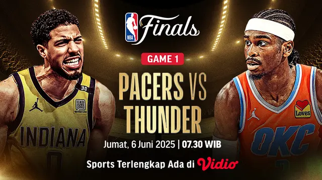 Siaran langsung NBA Finals 2025: Pacers vs Thunder game 1 di Vidio akhir pekan ini. Saksikan game 1 dari NBA Finals 2025 antara Pacers vs Thunder di akhir pekan ini hanya di layanan OTT Vidio. (sum. doc. vidio.com)